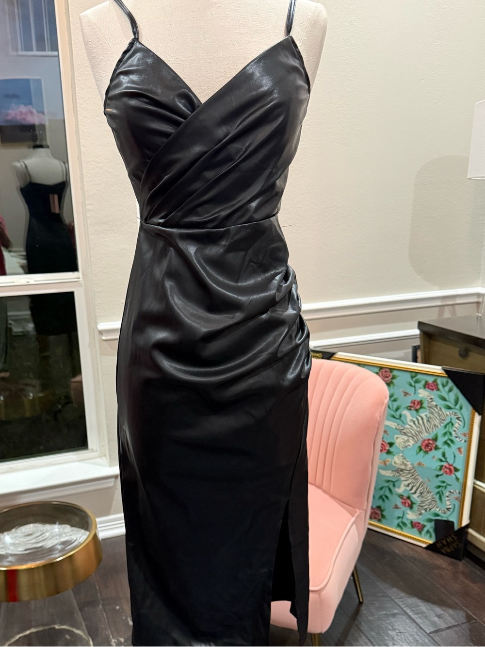 Black Faux Leather Midi Dress with Draped Side and Slit